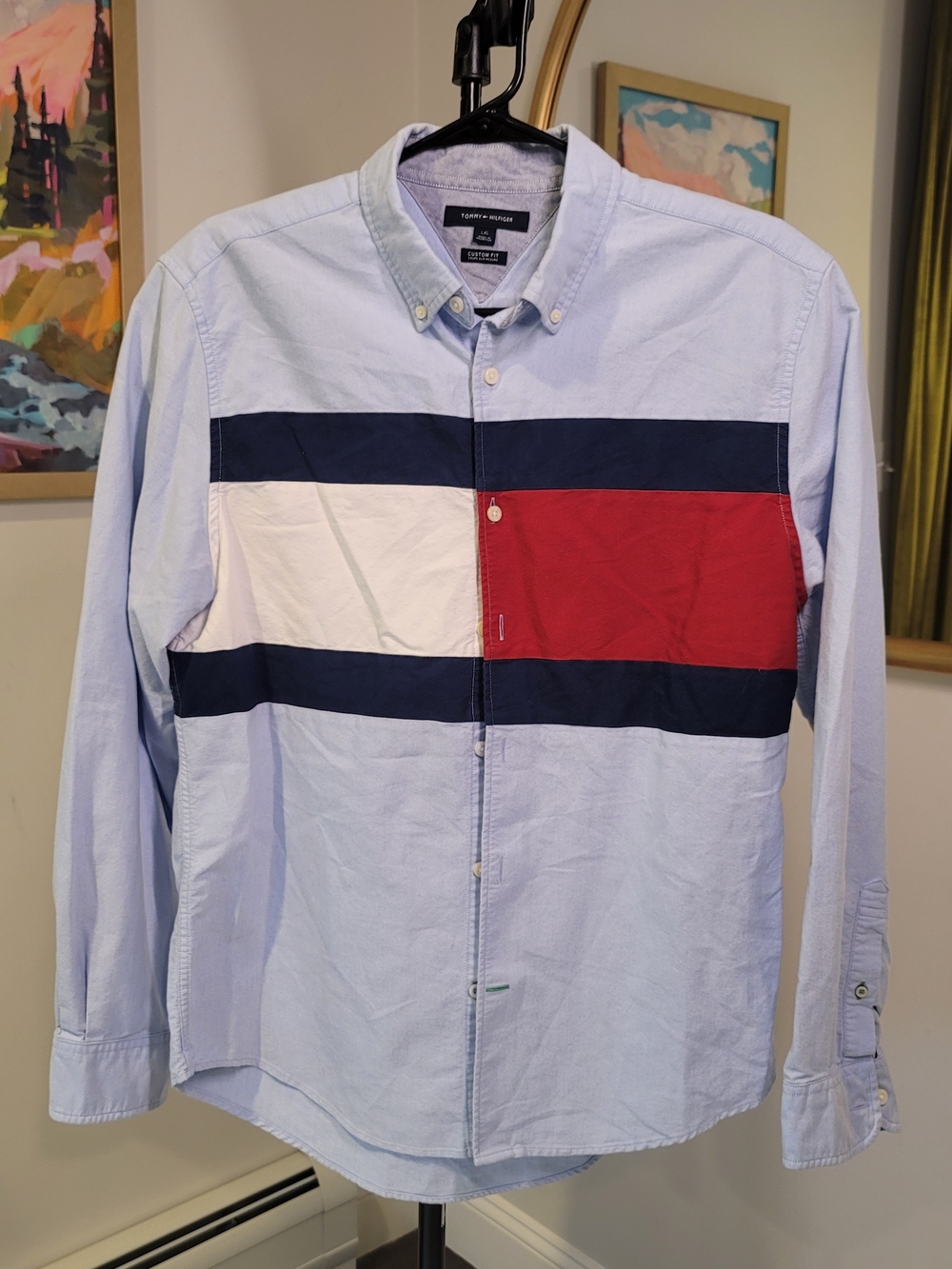 TOMMY HILFIGER Custom Fit Colorblock Long Sleeve Button Down Shirt Men's Size L